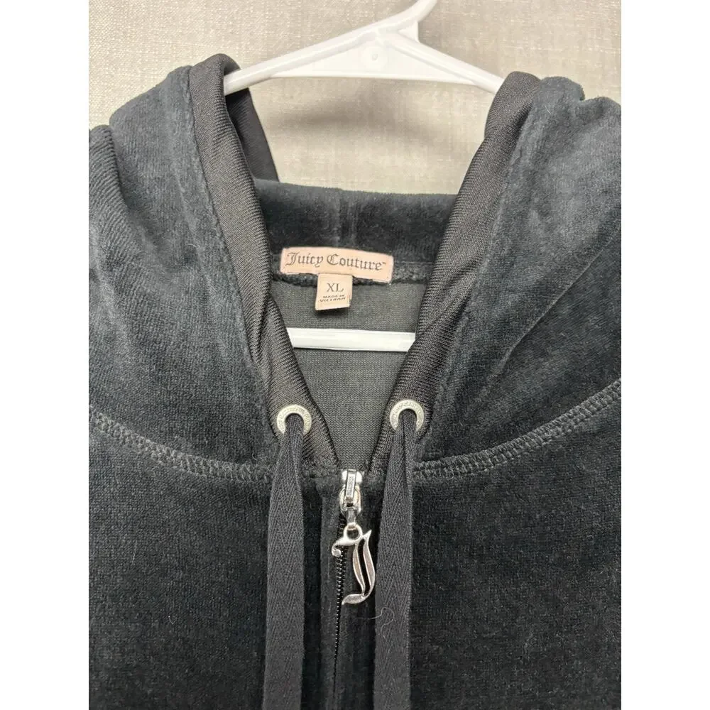 Juicy Couture Full Zip Hoodie Women's Size XL Black Velour Vtg Y2K Rhinestone